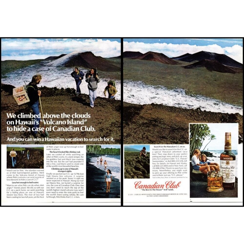 1979 Canadian Club Rye Whisky 2 Page Vintage Print Ad Hawaii Volcano Wall Art